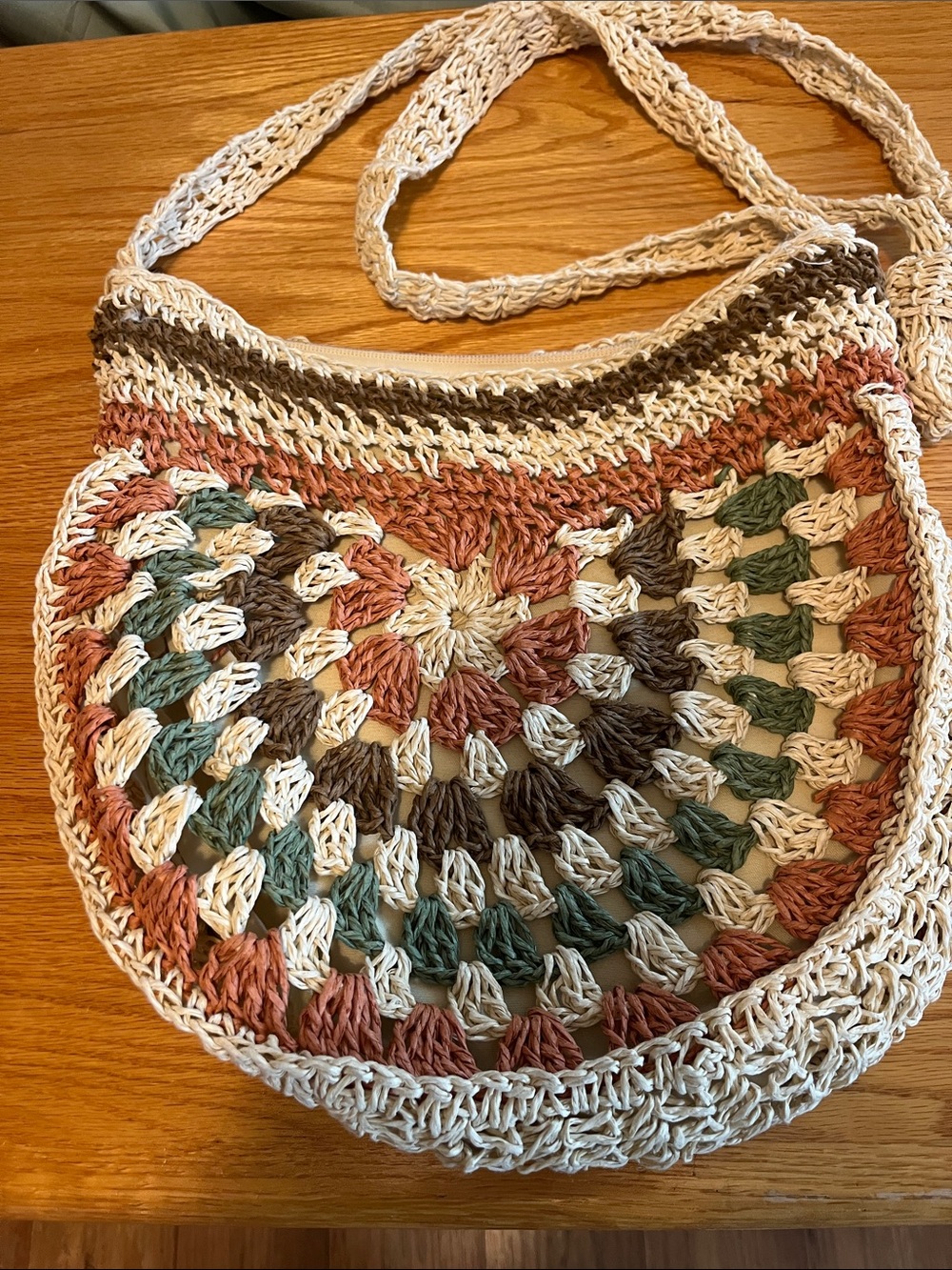 Boho Crochet Crossbody Bag in Cream, Rust & Olive